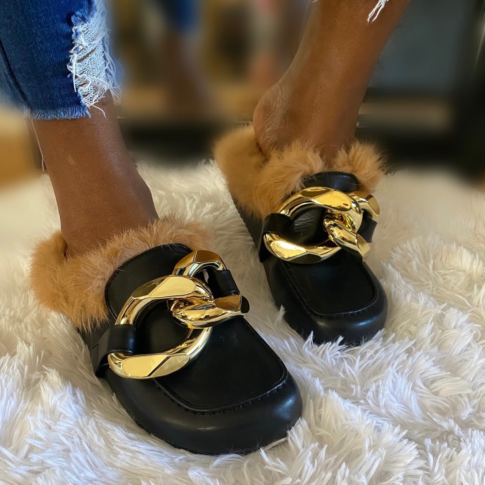 Myra Gold Chain Mules - Black